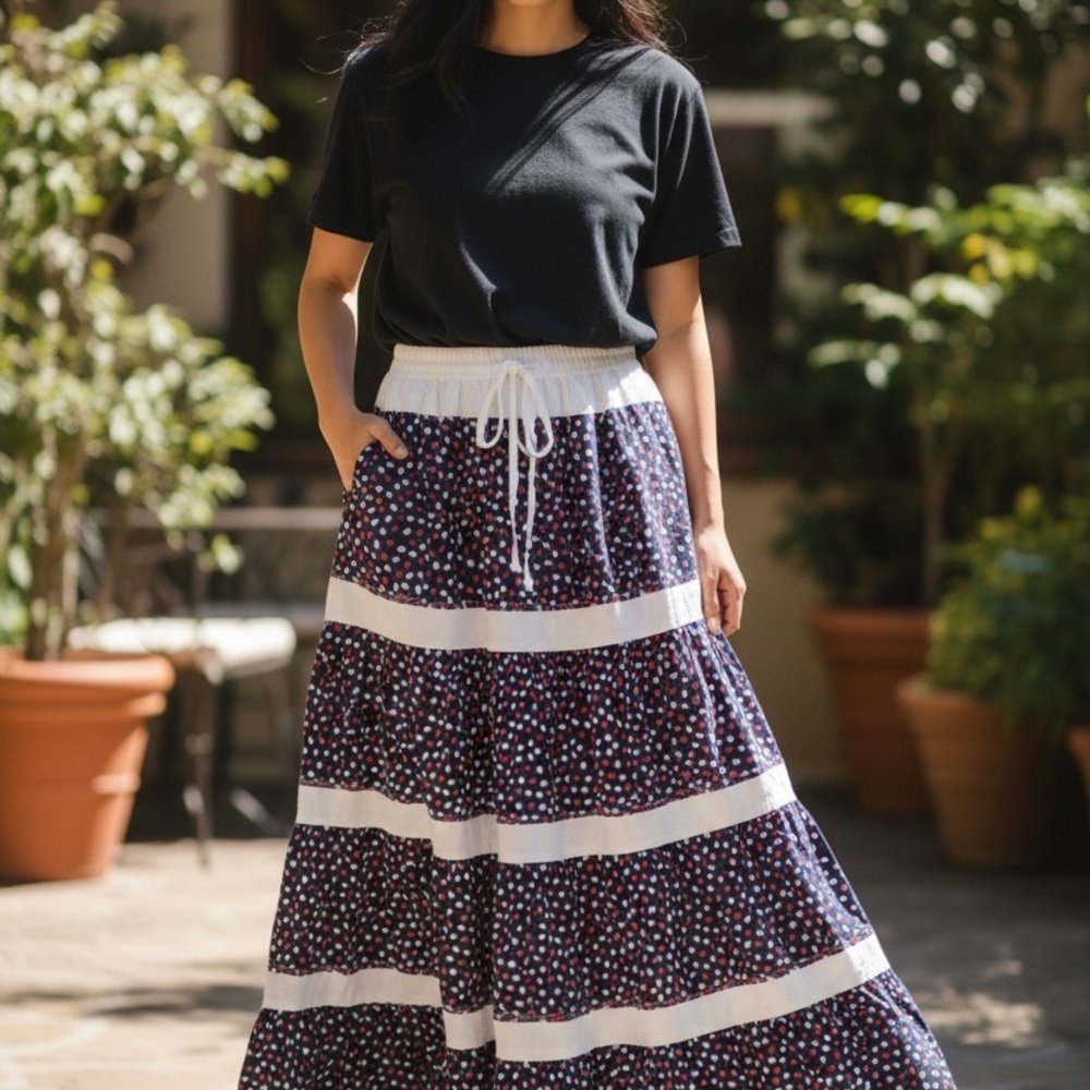 Vintage Cottagecore  Navy Floral Maxi Skirt with White Accents